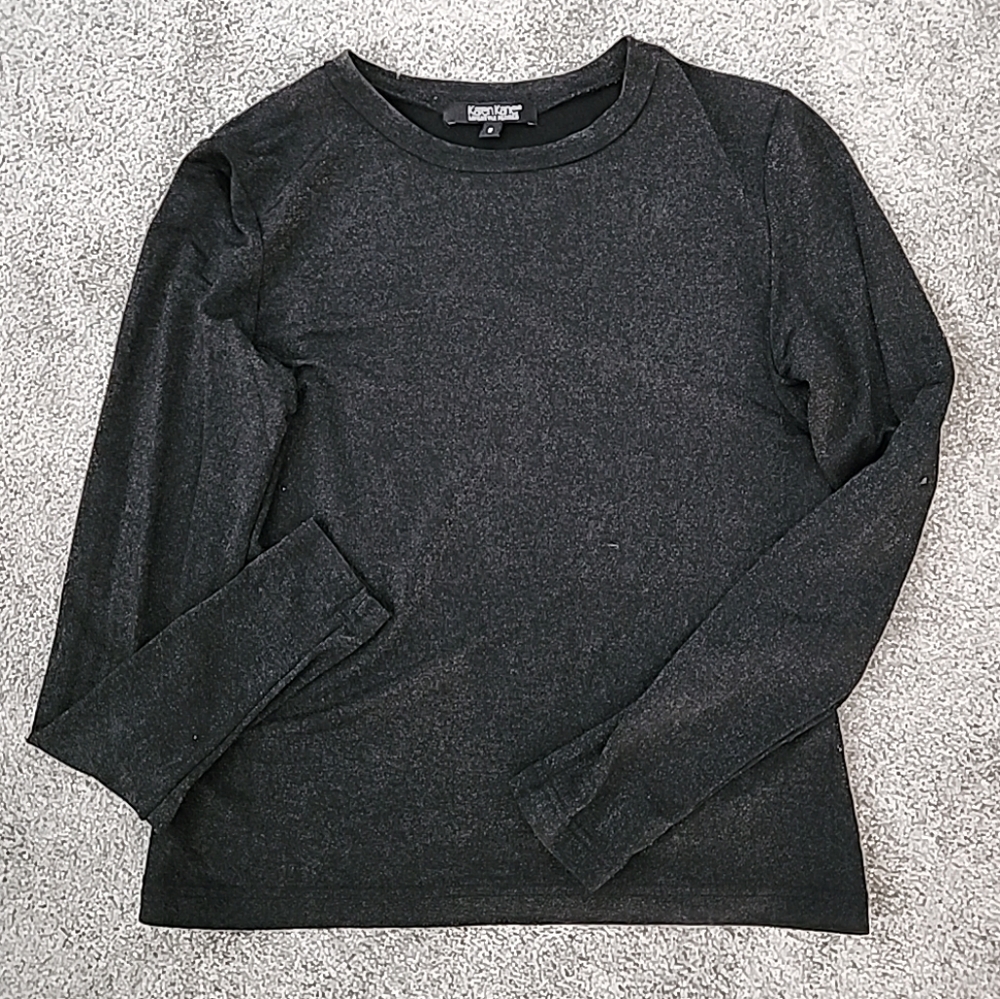 Karen Kane Lifestyle  Petites Stretch Black w Silver Threads LS Top Slim Fit